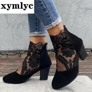 Dress Shoes Fashion Women High Heels Lace Flower Ankle Strap Hollow Out Sandals Round Toe Zip Pumps Zapatos De Mujer Plataforma 230320