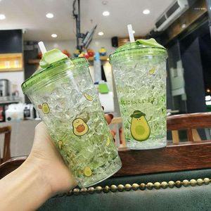 Water Bottles 450ml Creative Fruit Plastic Cup With Straw Sequin Double Layer Bottle Cartoon Sippy Outdoor Leak-proof Car