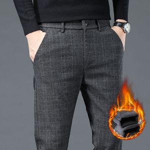 Men's Pants Winter Warm Fleece Plaid Pants Men Straight Fashion Slim Thick Velvet Brand Formal Black Blue Grey Fluff Villus Casual Trousers 230320