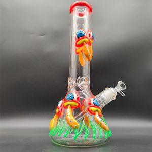 35 cm 14 Zoll handliche Bong Glasbong Wasserpfeife 3D Roter Pilz Karottenmonster 9 mm Dicke Roter Schlumpf Glasbongs Dicker Becher Raucher Bubbler Dab Rig