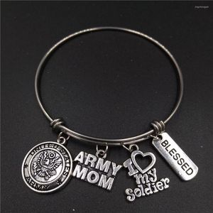 Bangle 64mm Diameter High Polished Stainless Steel Adjustable Wire USA Army Mom Charm I Love My Soldier Bracelet Drop