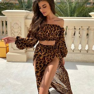 Mulheres Swimwear Mulheres Cover Ups 2 PCS Sexy Verão Leopardo Maiôs Banhando Biquíni Ruched Off Ombro Camisa Top e Saias Divididas Praia