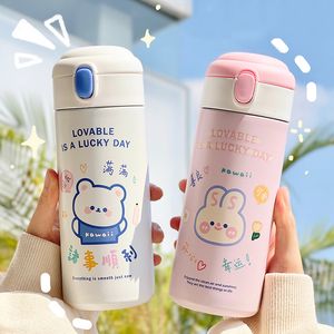 Water Bottles 380 ML Kawaii Bear Thermo Bottle For Kids Girl School Women Stainless Steel Insulated Cup With Straw Cute Thermal Water Bottles 230320