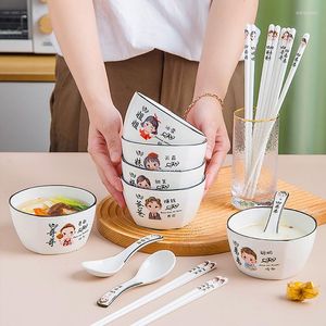 Bowls 8Pcs 6Inch Cute Chinese Creative Family Ceramic Rice Bowl Spoons Chopsticks Sets Household Utensils Tableware Dinner