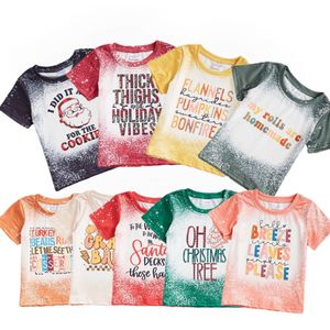 T shirts Exclusice Girlymax Christmas Short Sleeve Outfits Baby Girls Bleached Top T shirt Santa Pumpkin Leopard Boutique Kids Clothing 230317