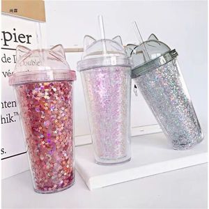 Water Bottles Sequined BPA Free Water Bottle with Straw Plastic Flash Cat Ear Double Wall Drinking Bottle Coffee Juice Cup 230320