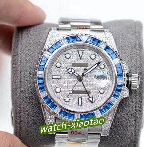 Med låddokument Mens Titta på ny version GMT II Diamond Dial Bezel 40mm hela automatisk mekanisk rörelse 904L Fine Steel Men's Watch