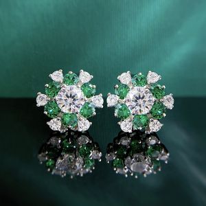 Snow Flower Emerald Diamond Stud Earring 100% Real 925 Sterling Silver Promise Wedding Earrings for Women Bridal Party SMYELLT