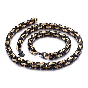 Large Huge Jewelry Set Imperial Chain Necklace Bracelet Set Stainless Steel Byzantine Chain Jewelry Set Golden Black 8mm 24inch 8.66inch Father Gifts/ Husband Gifts