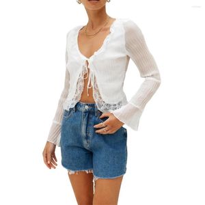 Damskie bluzki Tetyseysh bajki koronki damskie kwiat Sheer Shirt Summer See-Through Slim Tops Flare długie rękawie