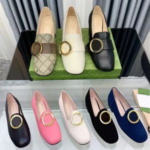 Women Dress Shoes designer shoes letter spring autumn cowhide Belt buckle high heels Coarser heel leather Metal buckle lady heeled boat shoe Large size 34-42 With box