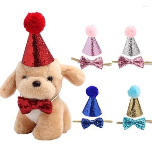 Dog Apparel 2Pcs/set Pet Cap With Bowknot Cat Birthday Costume Tie Set Sequin Headwear Decor For Christmas Party Accessories