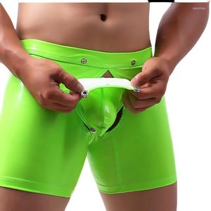 Underbyxor rygglösa sexiga män underkläder öppen front erotiska män boxare trosor långa läder trosor penis påse hål crotch boxershorts