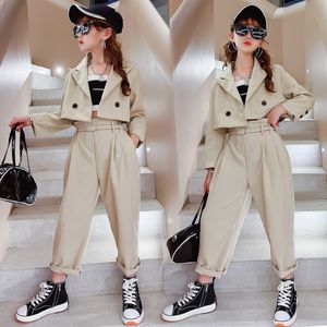 Clothing Sets Girls Blazer Suits Spring Autumn Kids Jackets Pants With Belt Fashion Solid Formal Teenage Casual Outfits 4 14Year 230317