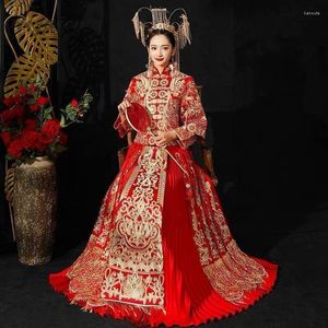 Etnisk kläder röd veckad kjol chinoise brud long cheongsam modern kvinnor traditionell kinesisk bröllopsklänning qipao oriental retro klänning