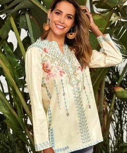 Camicette da donna Boho Top Camicie Manica lunga Donna Scollo a V Camicetta con motivo floreale ricamato in cotone Beige Accogliente Autunno Hippie