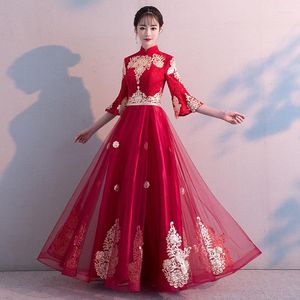 Abbigliamento etnico Ricamo rosso Abito da sposa cinese Sposa Abiti da festa Qipao Ragazze lunghe Cheongsam Abito da sera stile orientale Chinoise