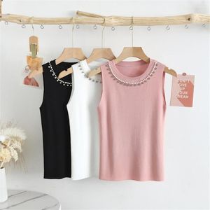 Frauen Tanks Diamant Perle Elegant Tanp Top Frauen ärmelloses solide gestrickte Weste Sommer dünne Strickwaren Tee -Shirt Femme Designer Tops