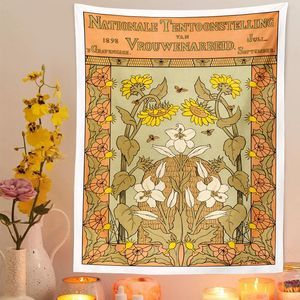 Tapestries Vintage Flower Art Tapestry Wall Hanging Bee Print Botanical Reference Chart Aesthetic Livingroom Bedroom Home Decor