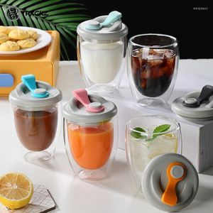 Wine Glasses 350ml Double Wall Glass Cup With Airtight Silicone Lid Leak Proof Insulated Coffee Mug Tea Juice Egg Shape