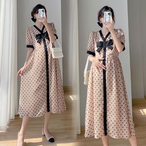 Moderskapsklänningar 8927 Summer Korean Fashion Dot Printed Long Dress Elegant Chic Ins A Line Slim Clothes for Pregnant Women Graviditet 230320