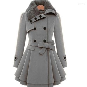 여자 재킷 여성 2023 패션 벨트 이중 가슴 양털 양털 여성 긴 코트 분리 가능한 모피 칼라