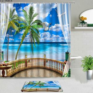 Tende da doccia Sunlight Beach Ocean Landscape Set Sea Palm Tree Finestra Tappeti antiscivolo Tappetino da bagno Porta d'ingresso schermo bagno