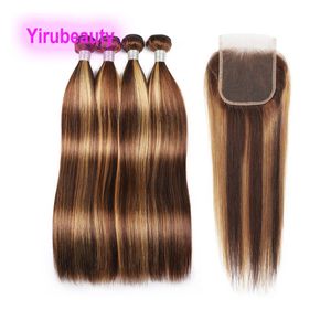 Brazilian Human Hair Wefts With 4X4 Lace Closure P4/27 Piano Color Silky Straight Body Wave 4 Bundles With Closures Free Part Middle Three Part