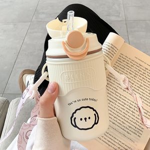 bt21 water bottles 480ml Cartoon Thermos Mug With Strap Stainless Steel 304 Vacuum Flask With Straw Cute Child Thermal bt21 water bottle Tumbler 230320