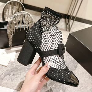 Bowtie Tennis Boots Luxury Designer Rhinestone Buckle Chunky Heel Womens Shoes 8.5cm High Heeled Bootie Fashion Mixed Color Ankel Boot Factory Factorwear 35-41