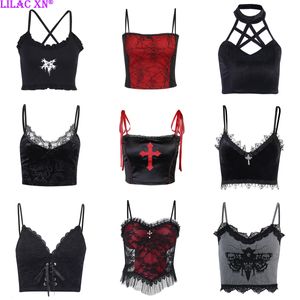 Canottiere da donna Camis Goth Stampa incrociata in pizzo Aderente Crop Top Camis sexy Y2K Estetico Nero Rosso Basic Corsetto Canotta Abiti estivi per donne Ragazze 230320