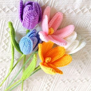 Dekoratif Çiçekler Pembe Tulip Yapay El Örgü Düğün Buket Diy Diy Yün Çiçek El Yapımı Örme