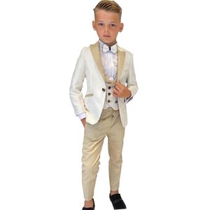 Handsome Boys 'Suits Kids Formal Wear Tuxedos för Wedding Peaked Lapel Boy Suits Pants Jacket Vest Fitted Evening Party Dinner Duits Anpassa