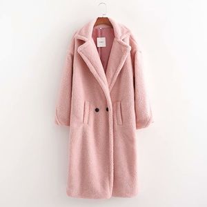 Women Fux Lagn Fur Coat abbassa il collare a doppio petto Midi Abrigos Abrigos Casacos SML