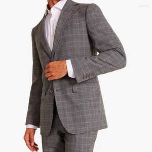 Men's Suits Costume Homme Gray Men' S Suit 2 Pieces Blazer Pants Single Breasted Peaked Lapel Plaid Stripes Business Modern Wedding