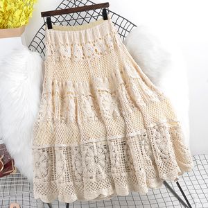 Skirts Spring Autumn Elastic Waist Slim Mid-Length Solid Color Wild Crochet Hollow Skirt Female 230317