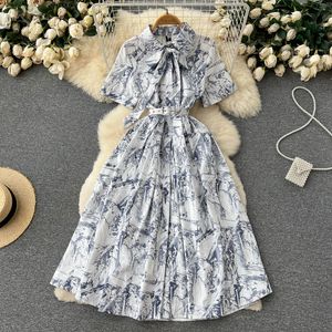 French Dress 2023 Summer New Elegant Temperament Fragmented Flower Lace Up Waist Amazing Premium A-line Dress