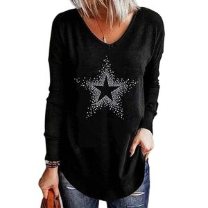 Женская футболка весенняя осенняя одежда звезды печати с длинным рукавом футболки, дамская мода негабаритная повседневная рубашка винтаж 230317
