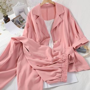 Kadınlar Suits Blazers Business Ladies Şifon Pantolon Takım Katı Kadın Ofis Kıyafetleri 3 Parça Takım Yaz Gevşek Çentikli Blazer Geniş Bacak Pantolonları 230320