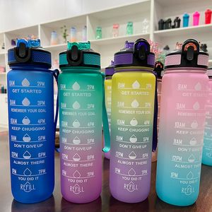 Water Bottles 1L Capacity Couple Cup Straw Cup Time Scale Water Bottle Plastic Water Cup Outdoor Sports Fitness Cycling Water Bottles 230320