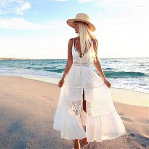 Casual Dresses Sexy Women Dress 2023 Fashion White Soce Summer Solid Deep V Long Maxi Evening Party Beach Hollow Out Sundress