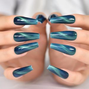 False unhas Cateyes Bule Coffin Longo Pressione em salões de capa completa em casa Manicure Fake Beauty Nail projetada