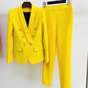 Women's Suits Blazers Yellow Blue Pink Red Black Women Pantsuit Business Classic Double Breasted Buttons Nine Blazer Pants Set Two Piece Formal Suits 230320