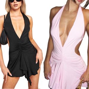 Casual Dresses Women Deep V Neck Sleeveless Short Dress Y2K Elegant Halter Backless BodyCon Mini Sexig Cutout Open Back Club Party