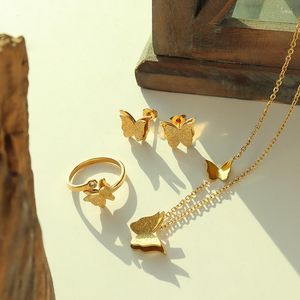 Necklace Earrings Set Stainless Steel 18K Gold Plated Jewelry Vintage Butterfly Pendant Stud Open Ring For Women Festival Gift