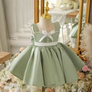 Girls Green Suspender Dresses Kids Pärlade band Bows Princess Dress Ball Gown Children's Day Party Clothes Z0970