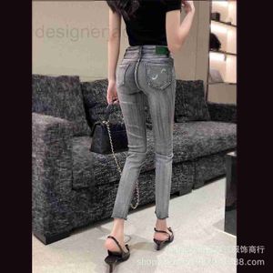 Damenjeans Designer Gesäßtasche grün bestickt dunkelgrau hohe Taille Stretch Slim Denim Leggings Y14P