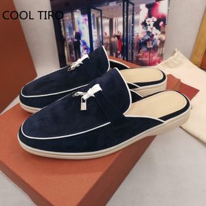 Sandals Metal Lock Half Slippers Woman Mules Suede Flat Shoes Summer Walk Loafers Backless Round Toe Trendy Slides Open Back 230320