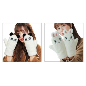 Five Fingers Gloves Women Fuzzy Plush Full Finger Cartoon Panda Embroidery Warm Mitten MXMB