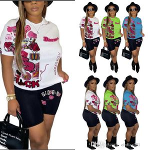 Novos femininos de impressão femininos Trechsuits Desinger T-shirt e shorts calças de duas peças conjuntos de roupas esportivas